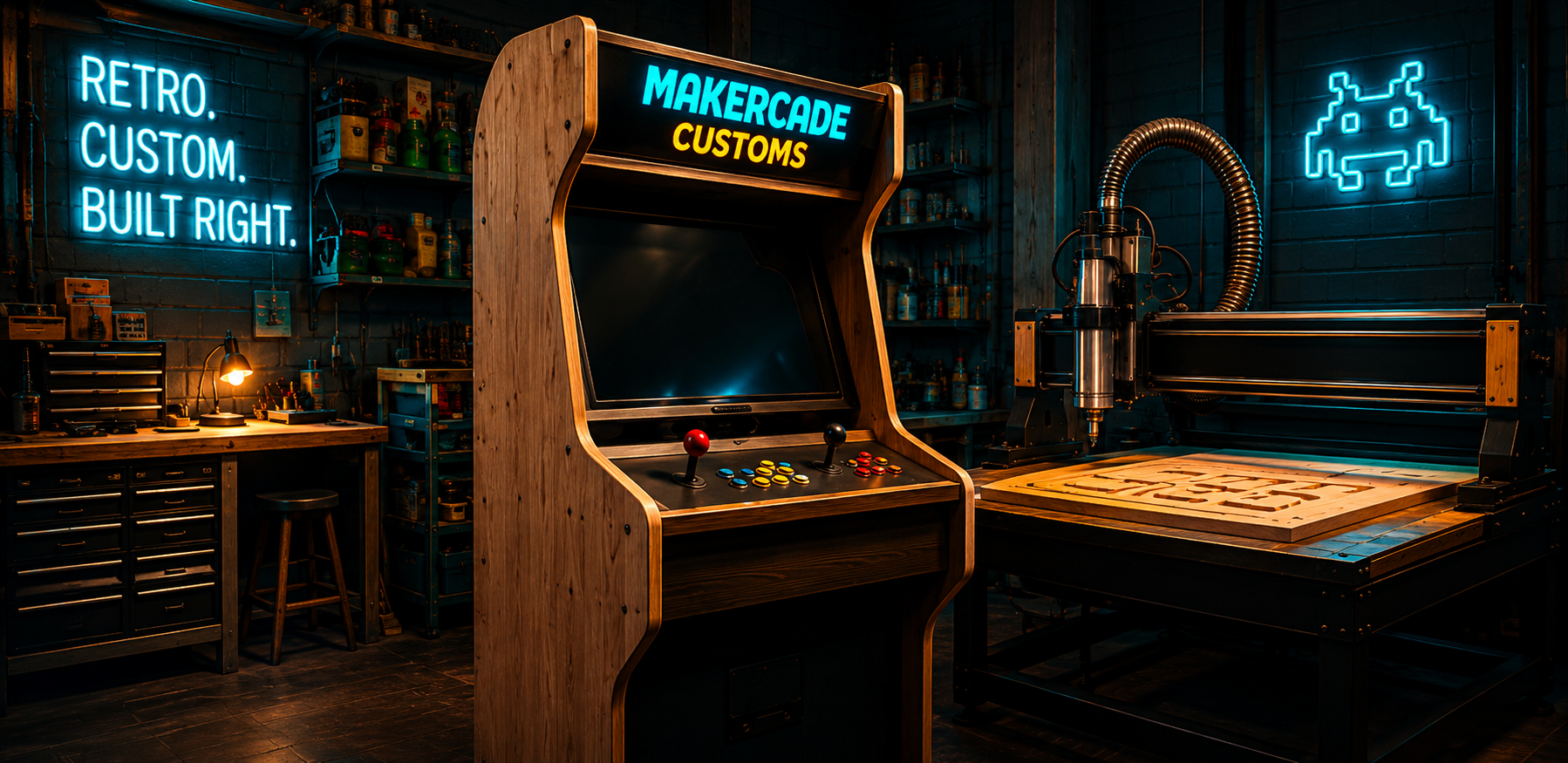 MakerCade Customs workshop with arcade cabinet and CNC workspace